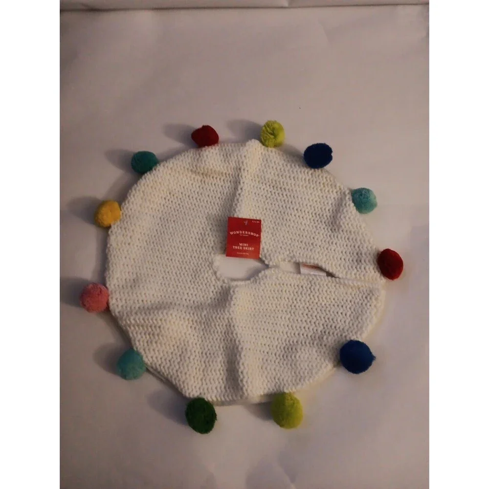 Knit Mini Christmas Tree Skirt Off-White with Multicolor PomPoms 18